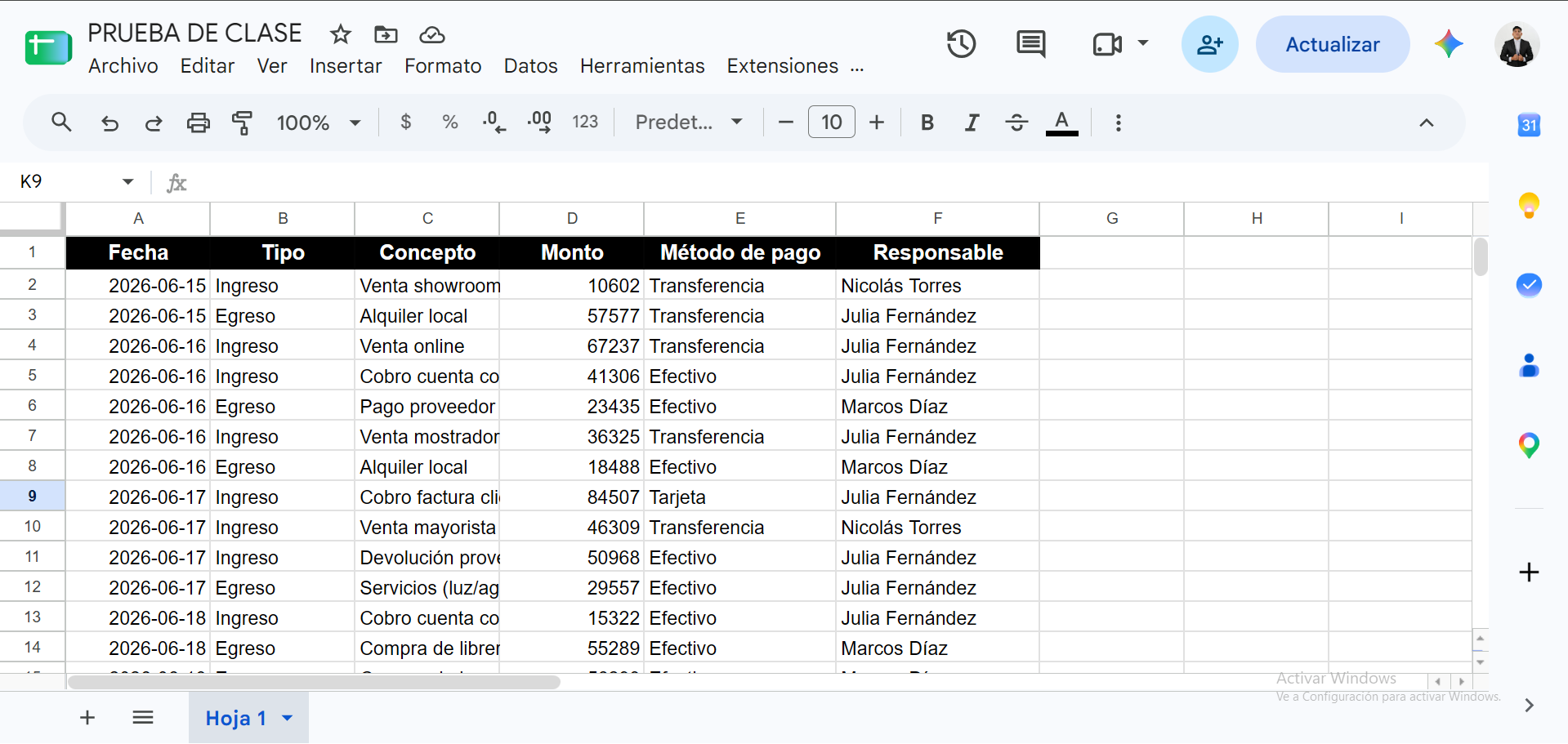 La Google Sheet recibiendo las filas cargadas desde el formulario